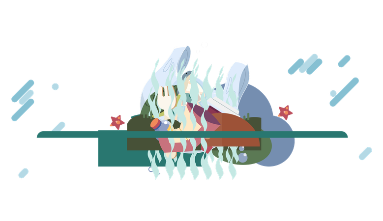 Plastic garbage and bottles at bottom of polluted reservoir  Illustration