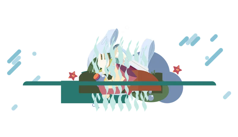 Plastic garbage and bottles at bottom of polluted reservoir  Illustration