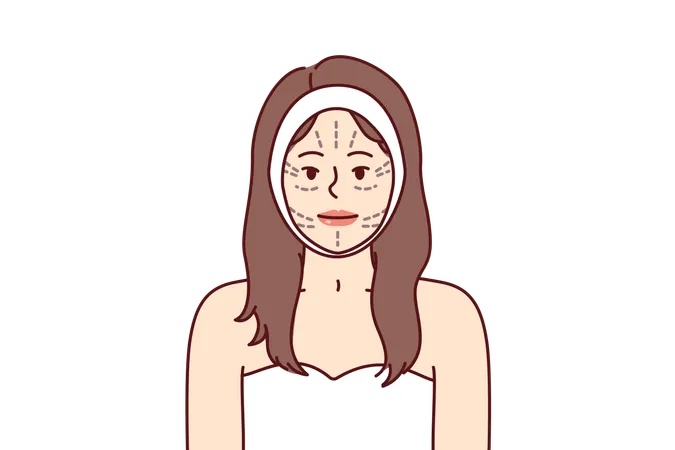 Face Of Woman With Lines For Plastic Surgeon Or Cosmetologist Doing Cosmetic Lifting Procedure Girl Wants To Have Plastic Surgery At Surgeon For Facial Rejuvenation And Skin Tightening イラスト