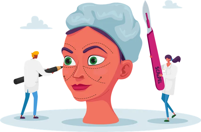 Plastic Surgeon Characters With Scalpel And Pen Make Operation To Woman Patient Face In Surgery Room Staff With Medical Equipment Beauty Procedure In Hospital Cartoon People Vector Illustration Illustration