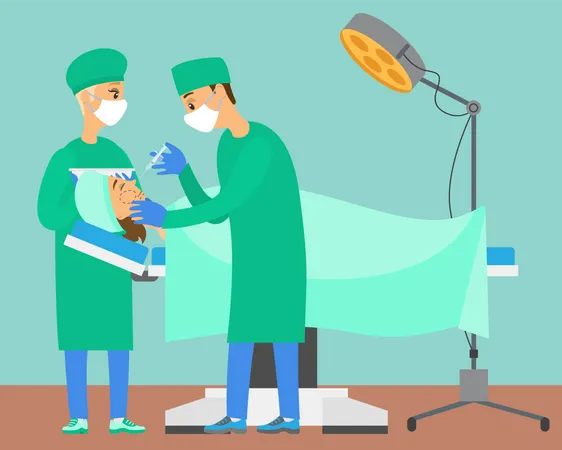Plastic Surgeon Aesthetic Medicine Doctor In A Medical Gown Makes Injections Of A Girl In The Face In Hospital Assistant Stands And Holds The Container With The Substance Health And Beauty Clinic Illustration