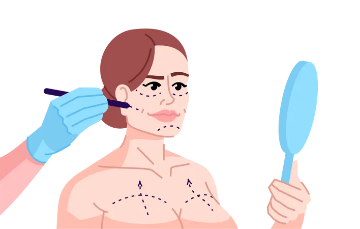 Plastic Surgery Addicted Girl Flat Color Vector Illustration Fashion Victim Aesthetic Medical Procedure Woman Getting Ready For Skin Tightening Isolated Cartoon Character On Blue Background Illustration