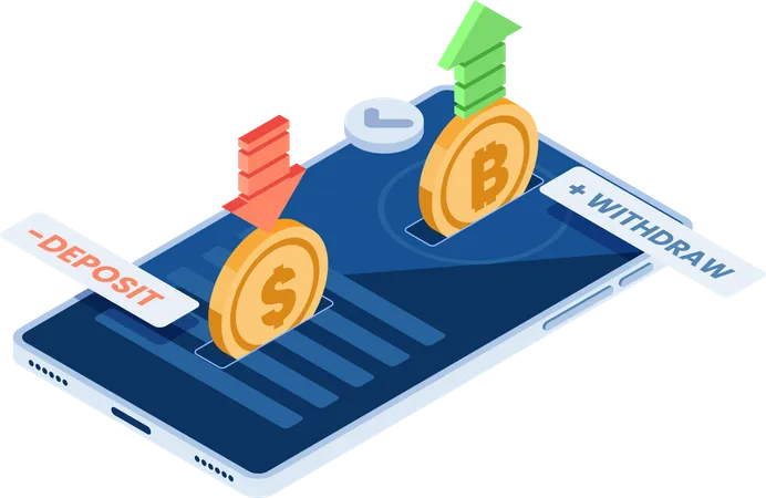 Flat 3 D Isometric Exchange Dollar Coin E Bitcoin Cryptocurrency Em Aplicativo Para Smartphone Conceito De Plataforma De Troca De Criptomoedas Ilustração