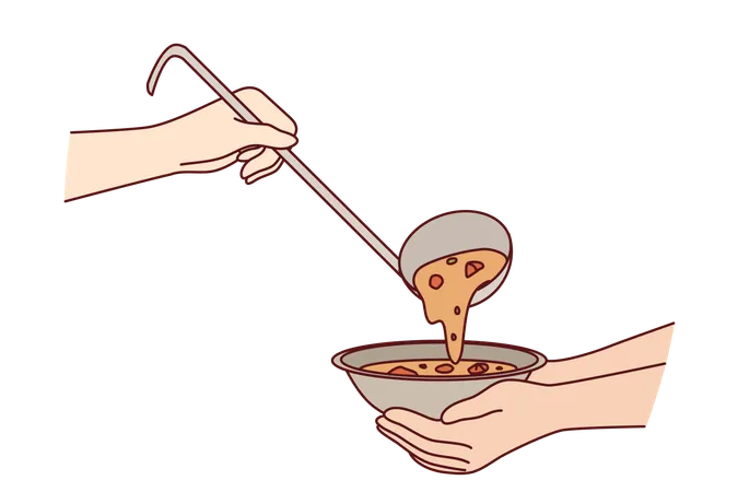 Plate soup in hands of poor person receiving food from charity that provides meals for food stamps  Illustration