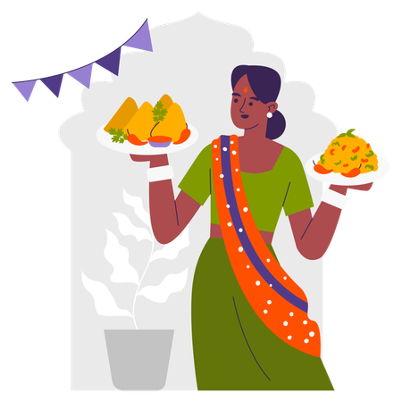 Plats indiens préparés par une femme  Illustration