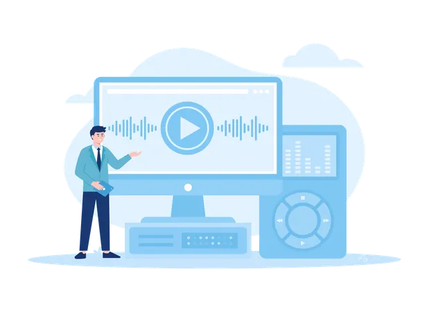 Play Mp 3 With Computer Trending Concept Flat Illustration イラスト