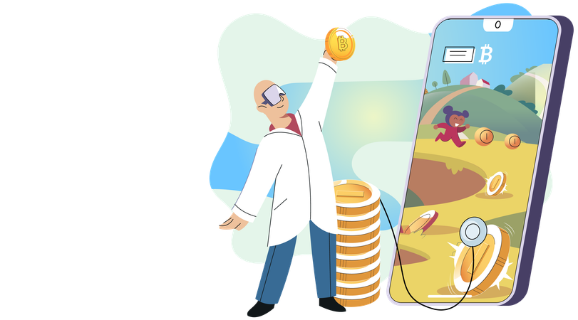 Play to earn games created on basis of blockchain project with elements of NFT  Illustration