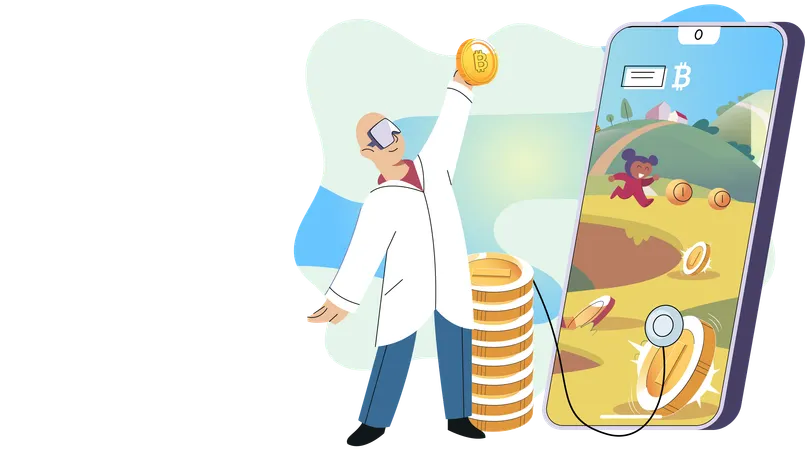 Play to earn games created on basis of blockchain project with elements of NFT  Illustration