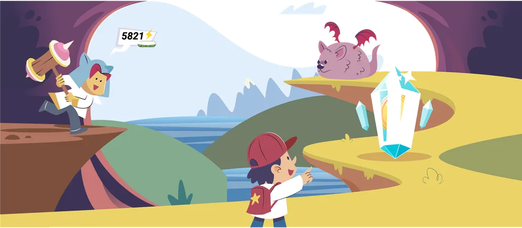 Play to earn video game with cute kid character and his virtual friends trying to find money  Illustration