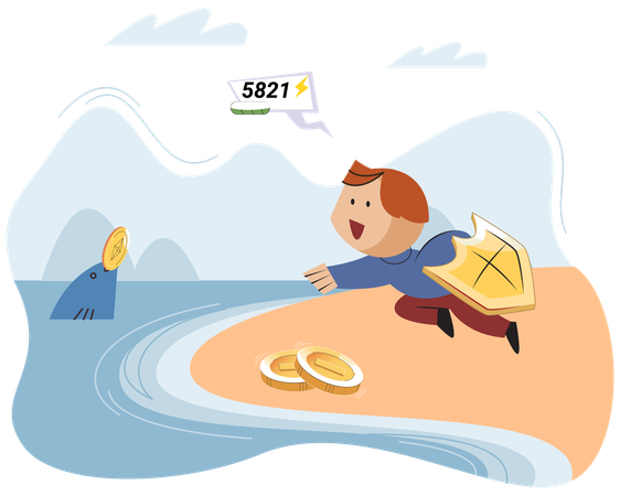 Play to earn video game with cute kid character trying to find money and make cryptocurrencies  Illustration