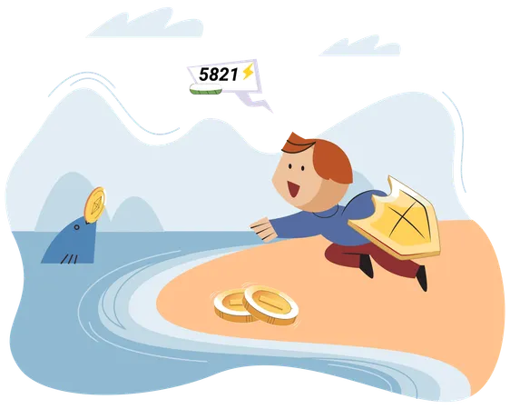 Play to earn video game with cute kid character trying to find money and make cryptocurrencies  Illustration