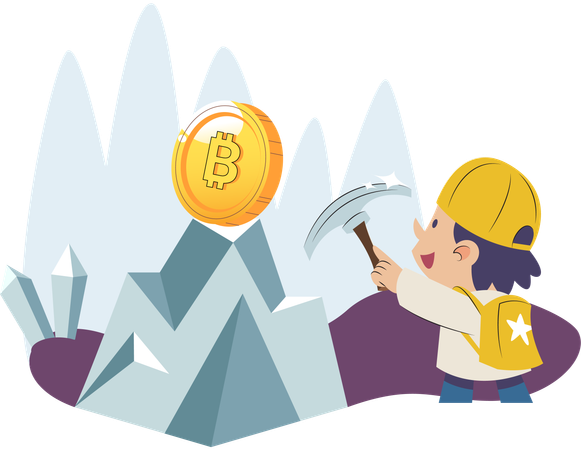 Play to earn video game with cute kid character trying to find money and make cryptocurrencies  Illustration