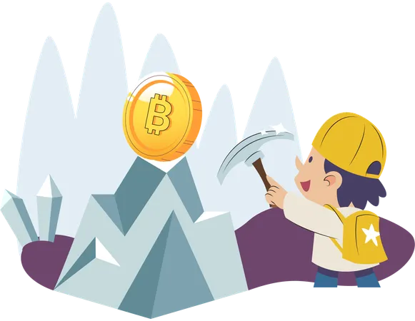 Play to earn video game with cute kid character trying to find money and make cryptocurrencies  Illustration