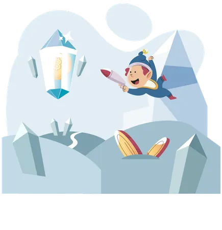 Play to earn video game with cute kid character trying to find money and make cryptocurrencies  Illustration