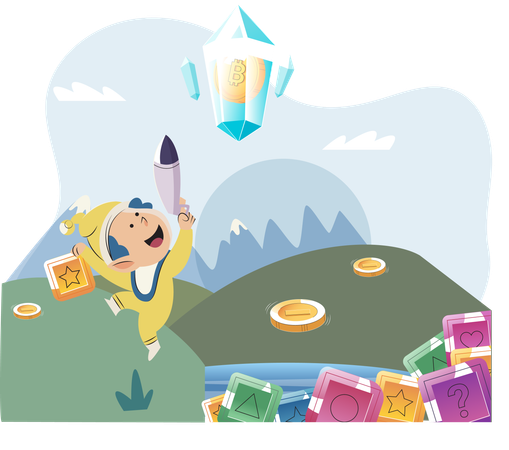 Play to earn video game with cute kid character trying to find money and make cryptocurrencies  Illustration