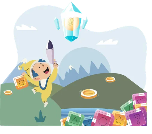 Play to earn video game with cute kid character trying to find money and make cryptocurrencies  Illustration