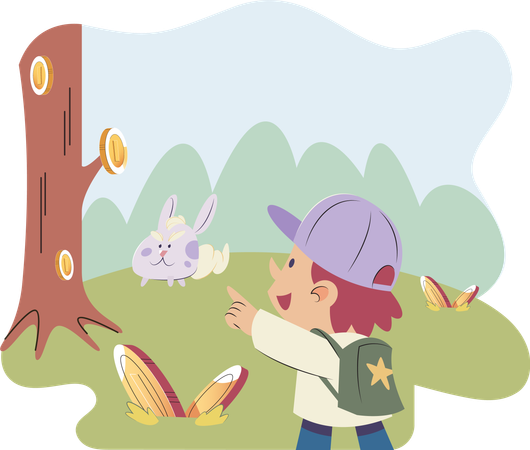 Play to earn video game with cute kid character trying to find money and make cryptocurrencies  Illustration