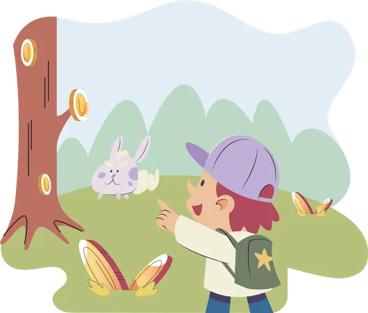 Play to earn video game with cute kid character trying to find money and make cryptocurrencies  Illustration
