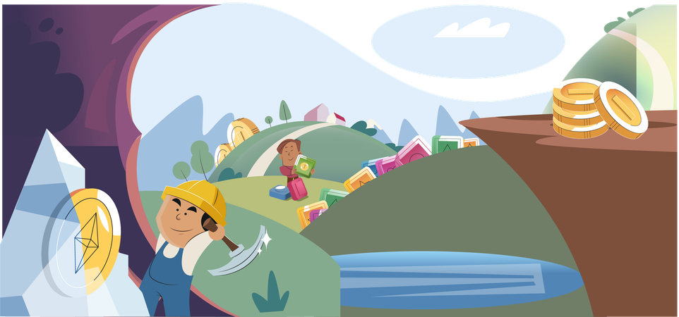 Play to earn video games in which player can receive rewards with real value blockchain projects  Illustration