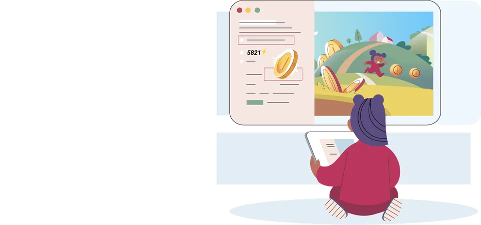 Play to earn with girl playing computer game with character runs in forest for coins  Illustration