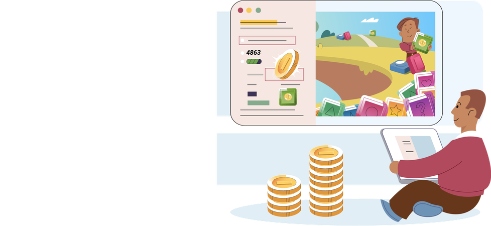 Play to earn with man playing computer game with character runs in forest for coins  Illustration
