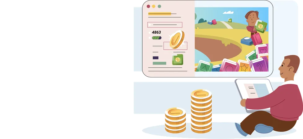 Play to earn with man playing computer game with character runs in forest for coins  Illustration