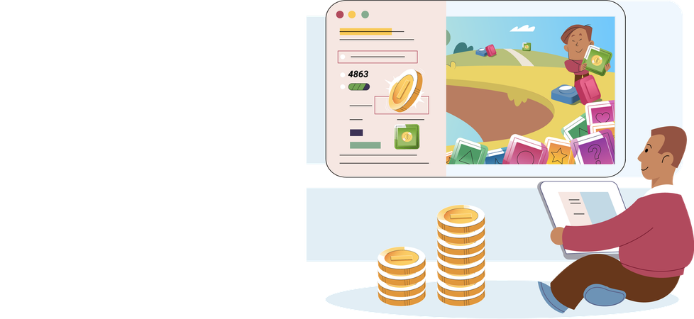 Play to earn with man playing computer game with character runs in forest for coins  Illustration