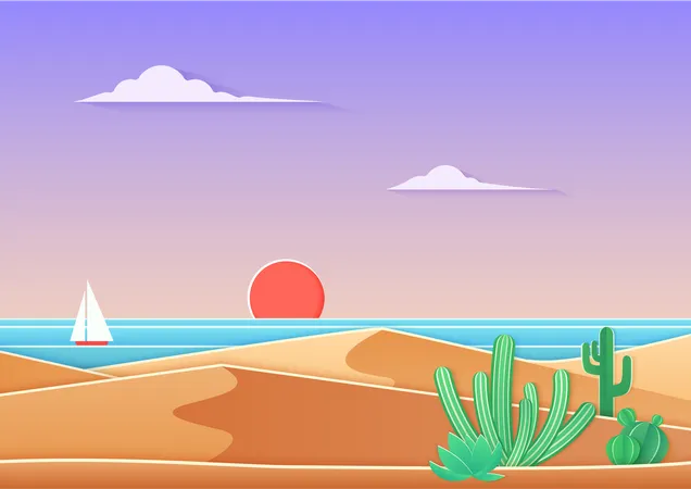 Puesta de sol en la playa  Ilustración