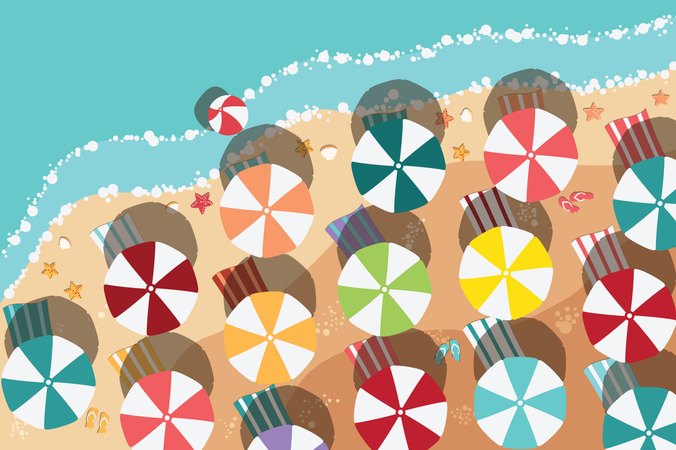 Playa de verano en diseño plano, junto al mar y artículos de playa.  Ilustración