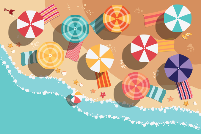 Playa de verano en diseño plano, junto al mar y artículos de playa.  Ilustración