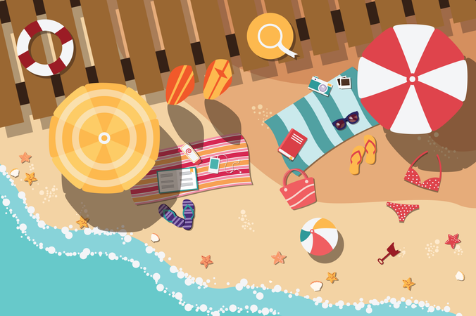 Playa de verano en diseño plano, junto al mar y artículos de playa.  Ilustración
