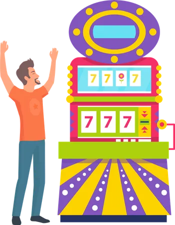Man Playing Game Machine Winner And Jackpot 777 Icons Happy Player Character Rising Hands Colorful Gambling Computer Entertainment In Casino Vector Illustration