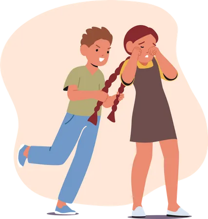 Playful Boy Teasing Girl By Pulling Her Pigtails Causing Her To React With A Mix Of Annoyance And Amusement Bad Behavior Of Kid Male Character Cartoon People Vector Illustration Illustration
