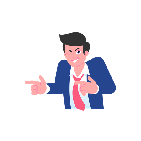 Playful businessman winks and points fingers.  Illustration