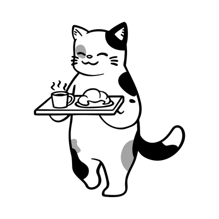 Playful  Cat Serving Food  Illustration