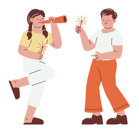 Playful Couple Celebrates with Sparkers  Illustration