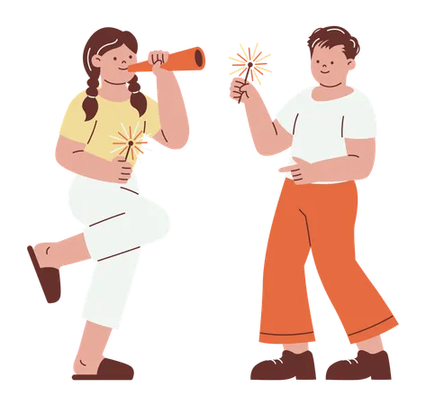 Playful Couple Celebrates with Sparkers  Illustration