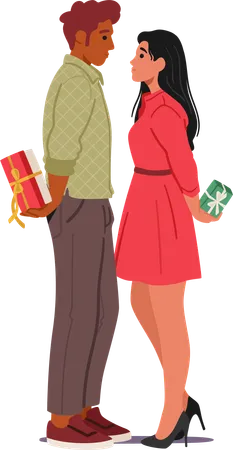 Playful Couple Conceals Festive Gifts Behind Their Backs Anticipation Sparkling In Their Eyes Loving Characters Ready To Surprise And Share The Joy Of Giving Cartoon People Vector Illustration Illustration