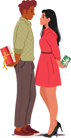 Playful Couple Conceals Festive Gifts Behind Their Backs  Illustration