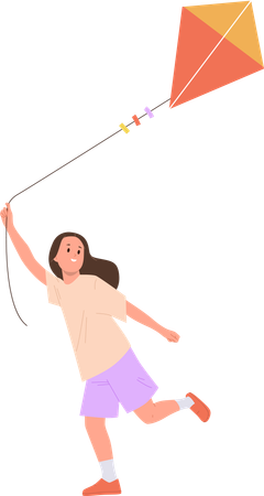 Playful girl child running with colorful flying kite  Illustration