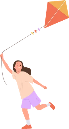 Playful girl child running with colorful flying kite  Illustration