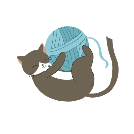 Playful Kitten with Yarn Ball  Illustration