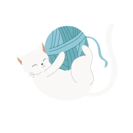 Playful Kitten with Yarn Ball  Illustration