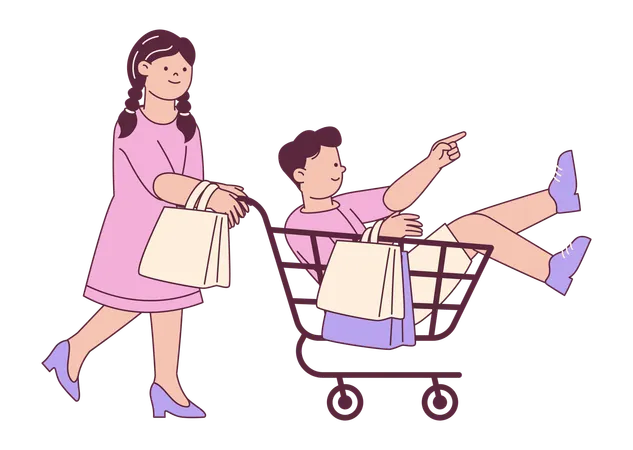 ショッピングカートに乗った遊び心のある男性  イラスト