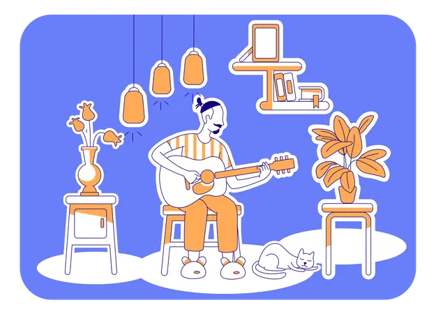 Playing Guitar Flat Silhouette Vector Illustration Man At Home During Weekend Creative Hobby To Do Indoors Male Outline Character On Blue Background Lifestyle Simple Style Drawing Illustration