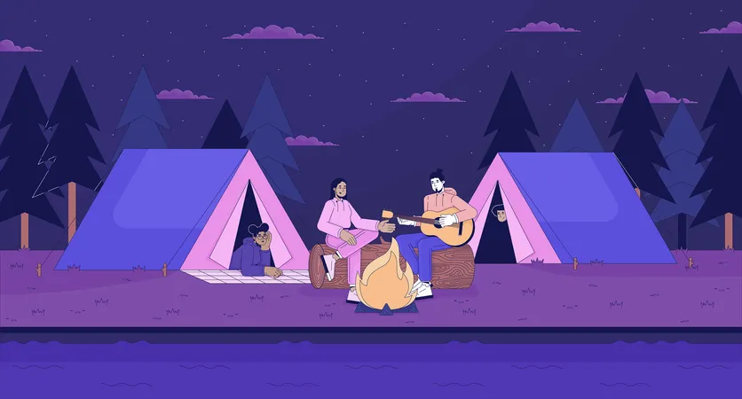 Playing Guitar Friends Camping Tents Line Cartoon Flat Illustration Bonfire Night People Multicultural 2 D Lineart Landscape Background Feel Nostalgic Nighttime Lo Fi Vibes Scene Vector Color Image Illustration