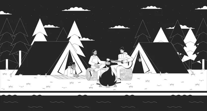Playing Guitar Friends Camping Tents Black And White Cartoon Flat Illustration Bonfire Night People 2 D Linear Landscape Background Feel Nostalgic Lo Fi Vibes Monochrome Scene Vector Outline Image Illustration