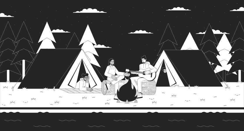 Playing guitar friends camping tents  Illustration