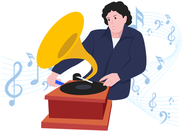 Playing music on phonograph  Illustration
