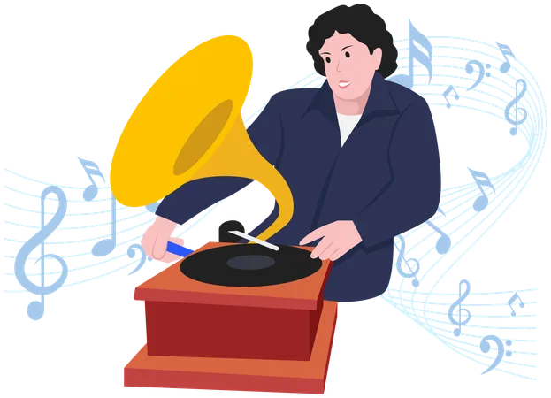 Playing music on phonograph  イラスト